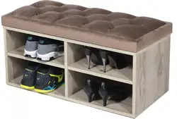 Shoe rack with a seat in the hallway photo and a shelf for shoes