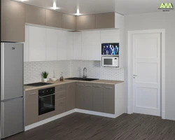 Corner kitchen design photo with refrigerator by the window