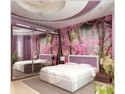 Sakura divar kağızı ilə yataq otağının fotoşəkili