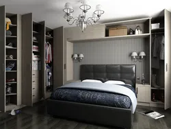 Gray wardrobe in the bedroom interior photo