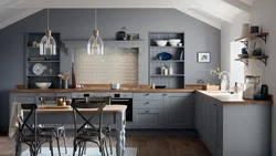 Ошхона хокистарӣ сафед бо тарҳи countertop чӯбӣ