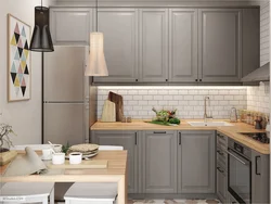 Ошхона хокистарӣ сафед бо тарҳи countertop чӯбӣ