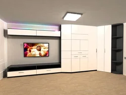 Televizor və qarderob fotoşəkili olan müasir yataq otağı divarları