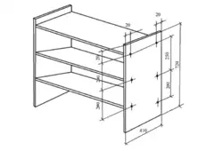 Drawings of a shoe rack in the hallway with photo dimensions