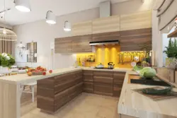 Combination of colors with wood in the kitchen interior