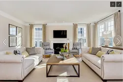 Living room design with window in the middle