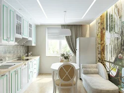 Interior of a rectangular kitchen with access to the balcony