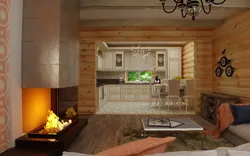 Kitchen living room in a wooden house photo interior