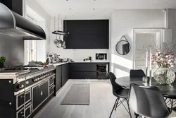 Kitchen design in black white gray colors