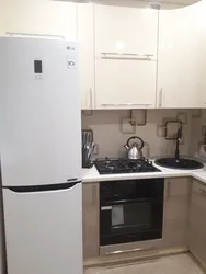 Khrushchev kitchen design with gas stove and refrigerator 6 sq.