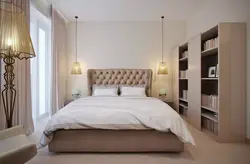 Bedroom interior with a soft bed in beige