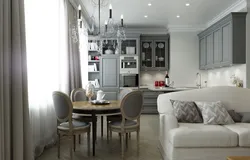 Kitchen design in gray tones with sofa