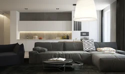 Kitchen design in gray tones with sofa