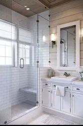 Bathroom design in a wooden house with shower