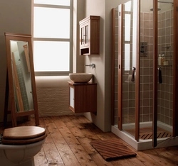 Bathroom design in a wooden house with shower