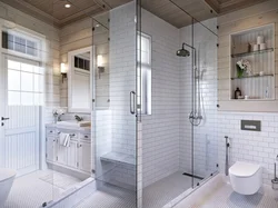 Bathroom design in a wooden house with shower