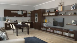 Угловая кухня и гостиная в одном фото