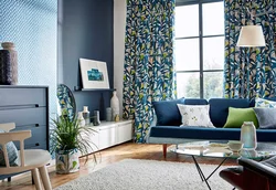 Blue sofa and blue curtains in the living room interior