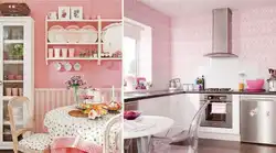 Қызғылт қабырғалары бар ас үй интерьері