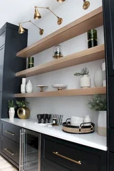 Photo of a kitchen with shelves and cabinets on the wall