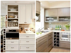 Photo of a kitchen with shelves and cabinets on the wall