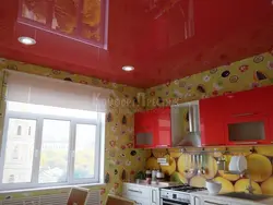 Photo of red suspended ceiling in the kitchen