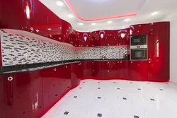 Photo of red suspended ceiling in the kitchen