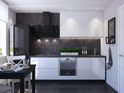 Photo Of A Kitchen With A Black Countertop And A Black Refrigerator