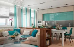 Living room design with blue kitchen