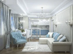 Living room design with blue kitchen