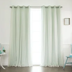 Mint curtains in the kitchen interior photo