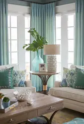 Mint curtains in the kitchen interior photo