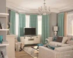 Mint curtains in the kitchen interior photo