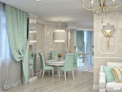 Mint curtains in the kitchen interior photo