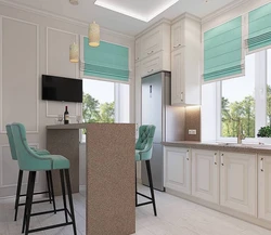 Mint curtains in the kitchen interior photo