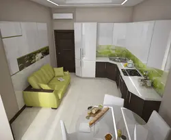 Kitchen design 14m2 with sofa and TV