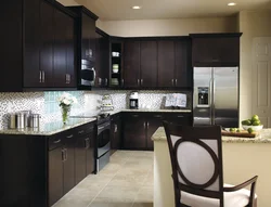 Kitchen design with dark wallpaper