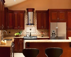 Kitchen design with dark wallpaper
