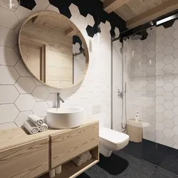 White tiles in the bathroom with wood photo design