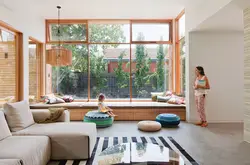 Panoramic window in the living room interior photo