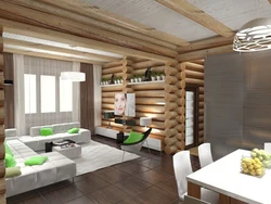Kitchen design in a house made of rounded logs
