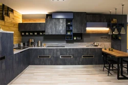 Gray kitchen with wooden facades interior