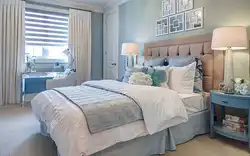 Bedroom interior in blue beige color