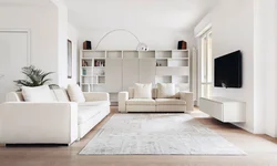 Living room interior with white carpet