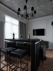 Living room kitchen design in black tones