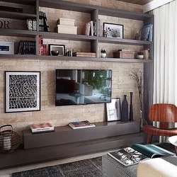 Shelves In The Living Room Interior On The Wall With A TV