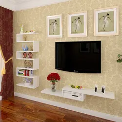 Shelves in the living room interior on the wall with a TV