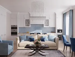 White blue interior kitchen living room