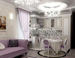 Lilac ohanglaridagi oshxona yashash xonasi fotosurati