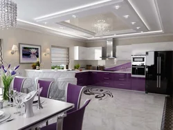 Lilac tonlarında mətbəx qonaq otağı fotoşəkili